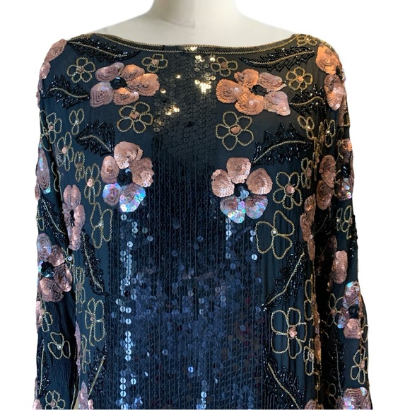 Vintage Beaded Sequin Silk Dress Size Large - Picture 4 of 16